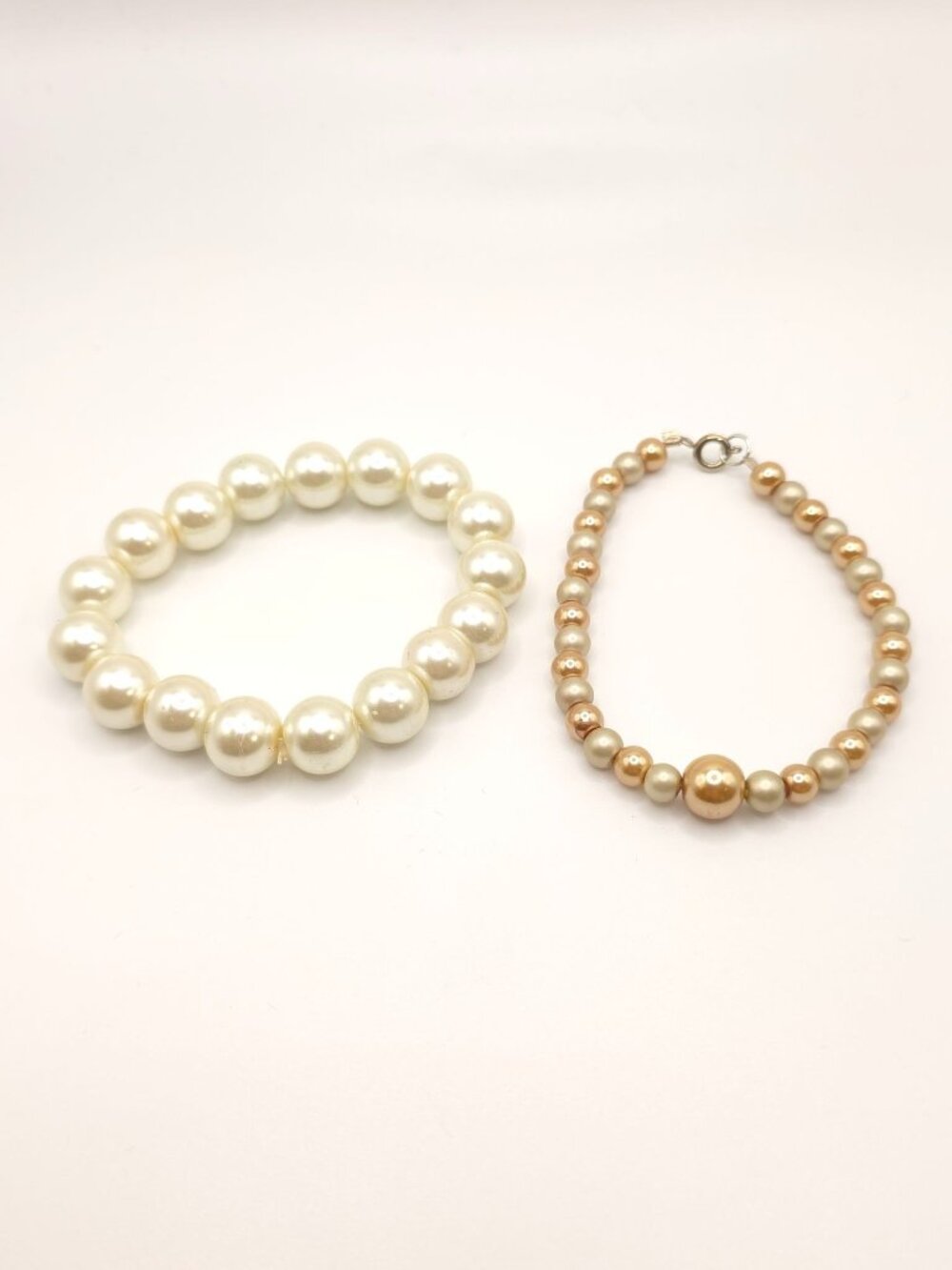 Pearl Beaded Bracelets Set - Large White Stretch Bracelet & Gold-Tone Clasp